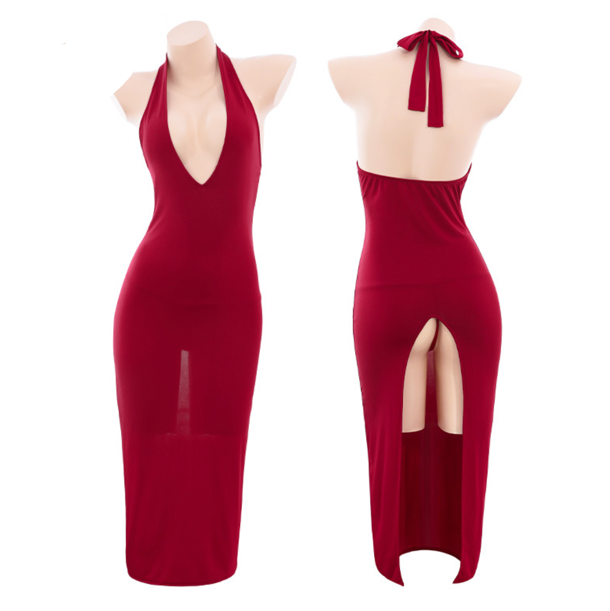 Red halter neck dress with cutout design on a mannequin against a white background, featuring the brand 'Fée Et Moi'.