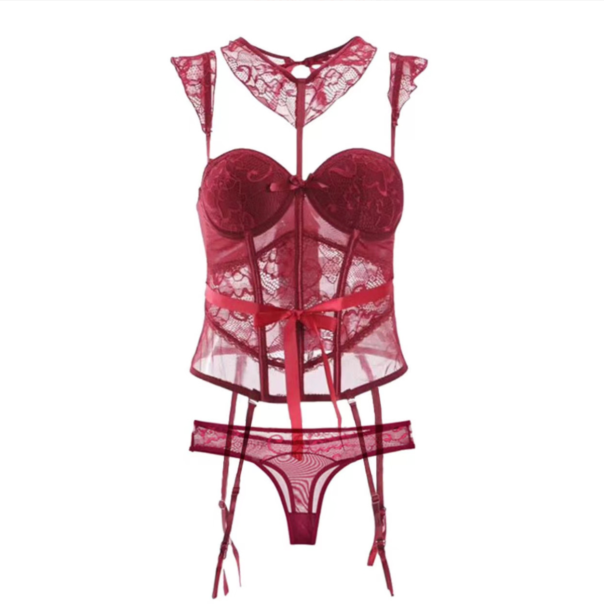French lace lingerie 2pc set 法式情趣塑身马甲两件套紧身衣 1104