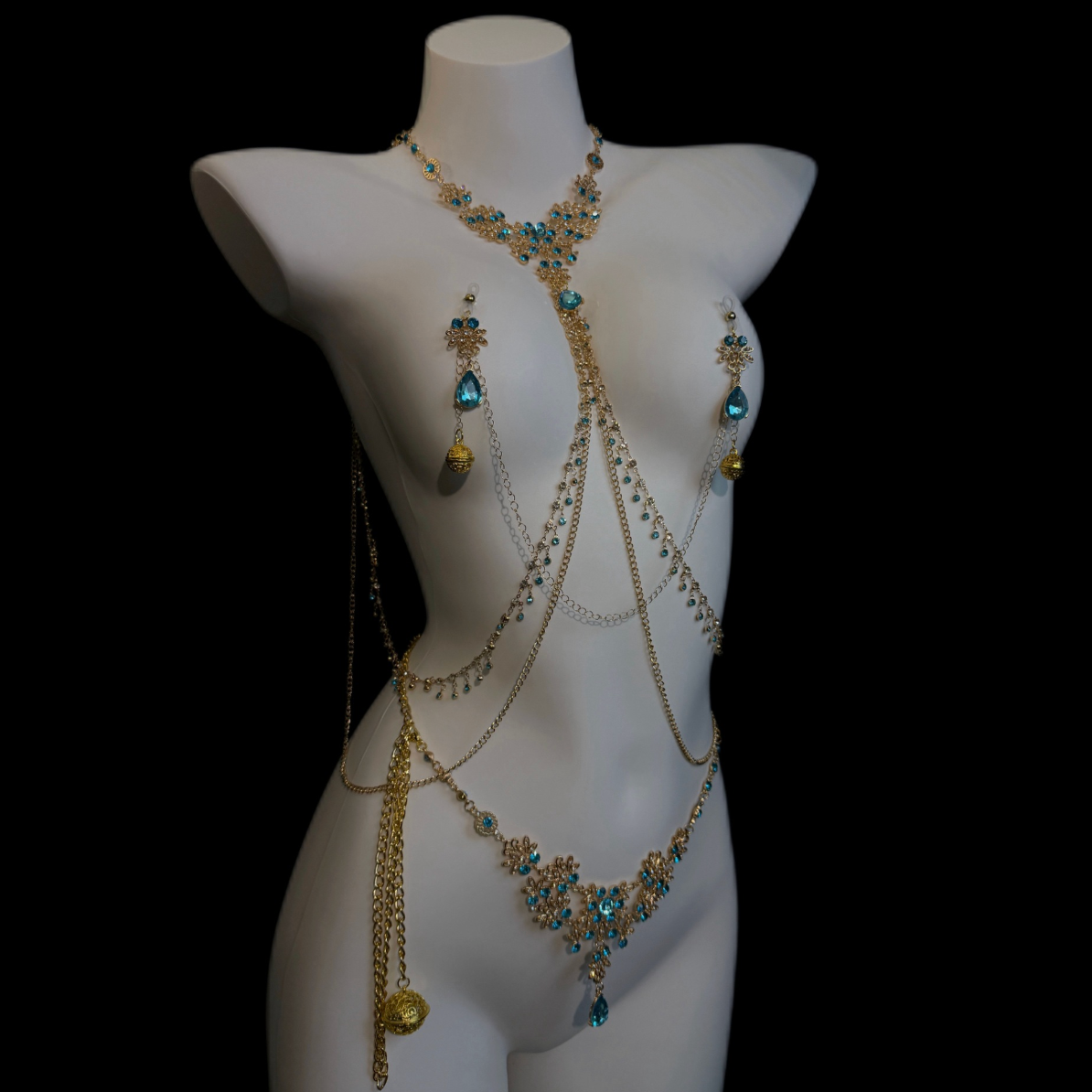 Hathor Sapphire Nipple Clamp Harness w Belt Option 蓝宝石情趣乳夹乳环 2305