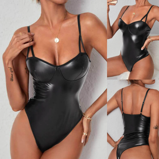 Simple PU leather black bodysuit 简约漆皮紧身连体高叉衣 (Plus Size Suitable 适合大码)1356