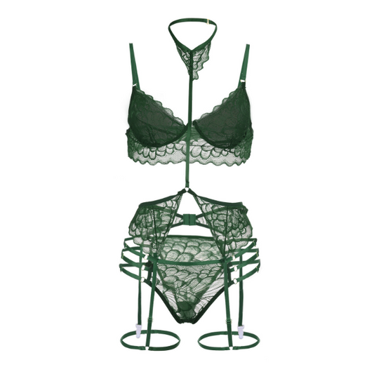 Peacock lacy 3pc lingerie bra set 孔雀蕾丝花边三点式 (Green/ Black) 1357