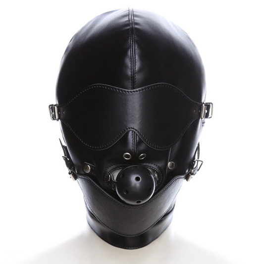 Black Leather Head Mask Restraint Bondage w ball Gag BDSM V2 皮革头部封闭口塞束缚调教BDSM V2 1695