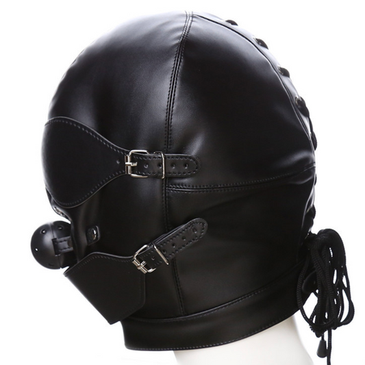 Black Leather Head Mask Restraint Bondage w ball Gag BDSM V2 皮革头部封闭口塞束缚调教BDSM V2 1695