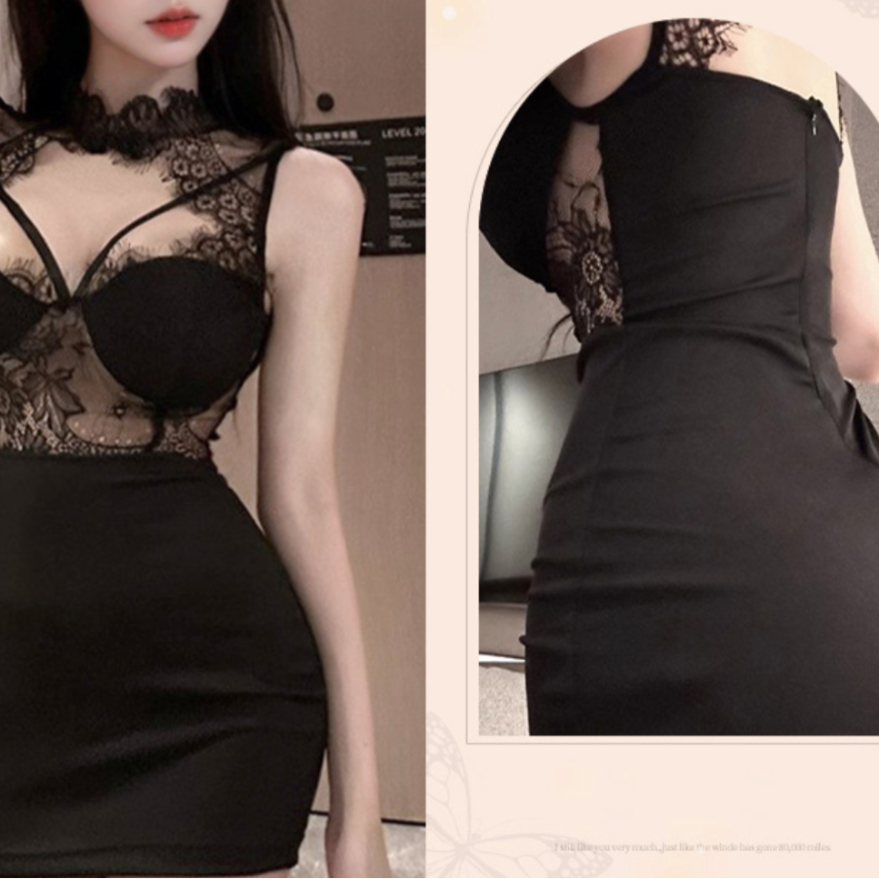 Black lace dress with close-up of back design