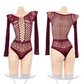 Two maroon fishnet bodysuits on mannequins with 'Fée Et Moi' branding.