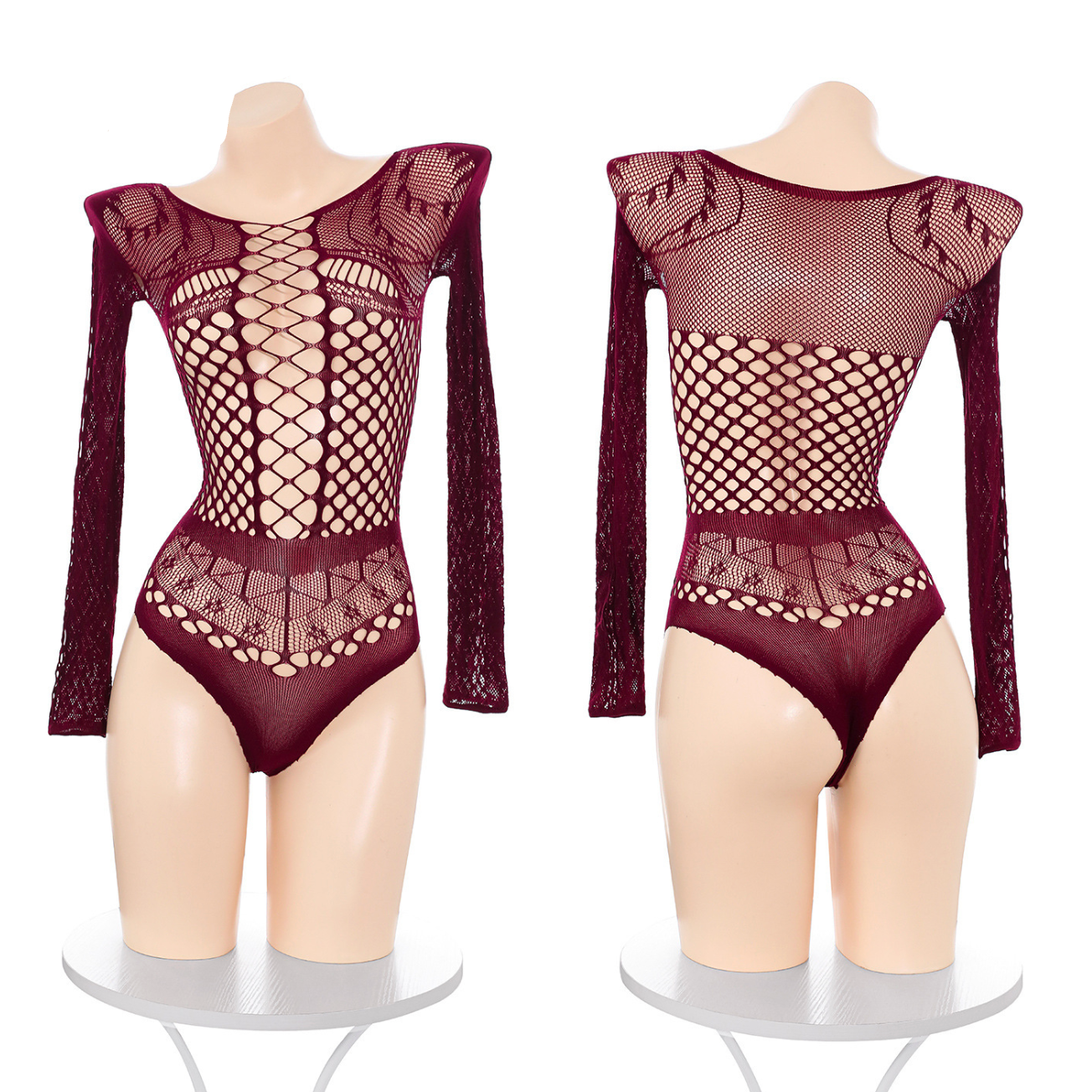 Two maroon fishnet bodysuits on mannequins with 'Fée Et Moi' branding.