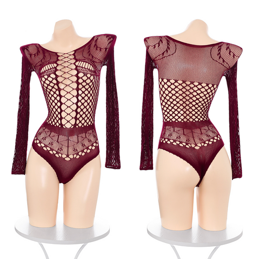 Two maroon fishnet bodysuits on mannequins with 'Fée Et Moi' branding.