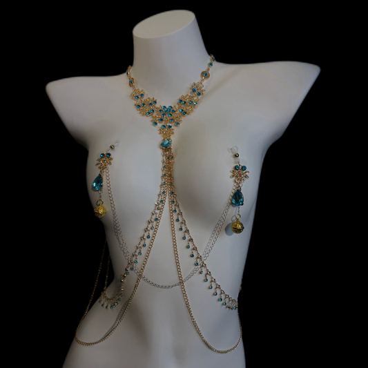 Hathor Sapphire Nipple Clamp Harness w Belt Option 蓝宝石情趣乳夹乳环 2305
